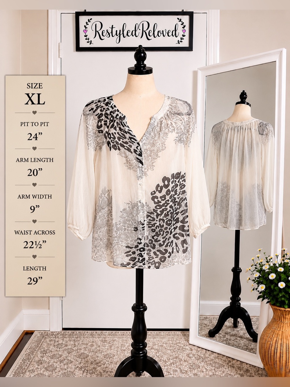 AGB Sheer Leopard Print Blouse, Ivory/Black, XL, NWT